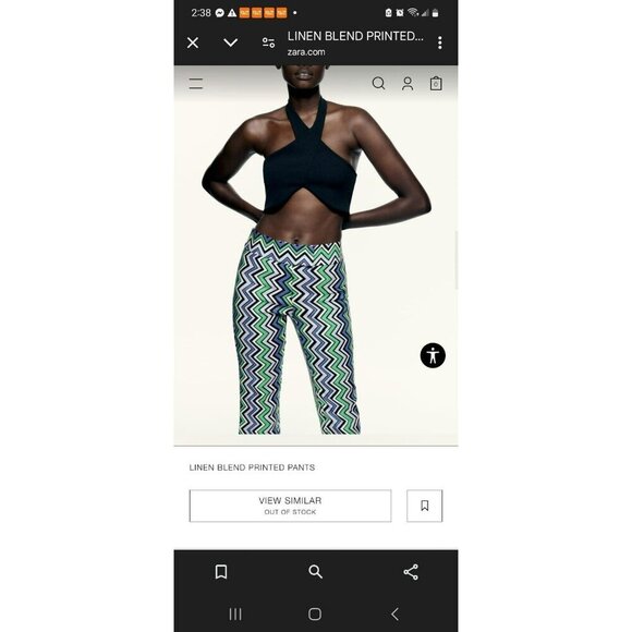 Zara Flare Wide Leg Pants Linen Blend Large Blue Green Printed Retro 3234 787 - Picture 4 of 6